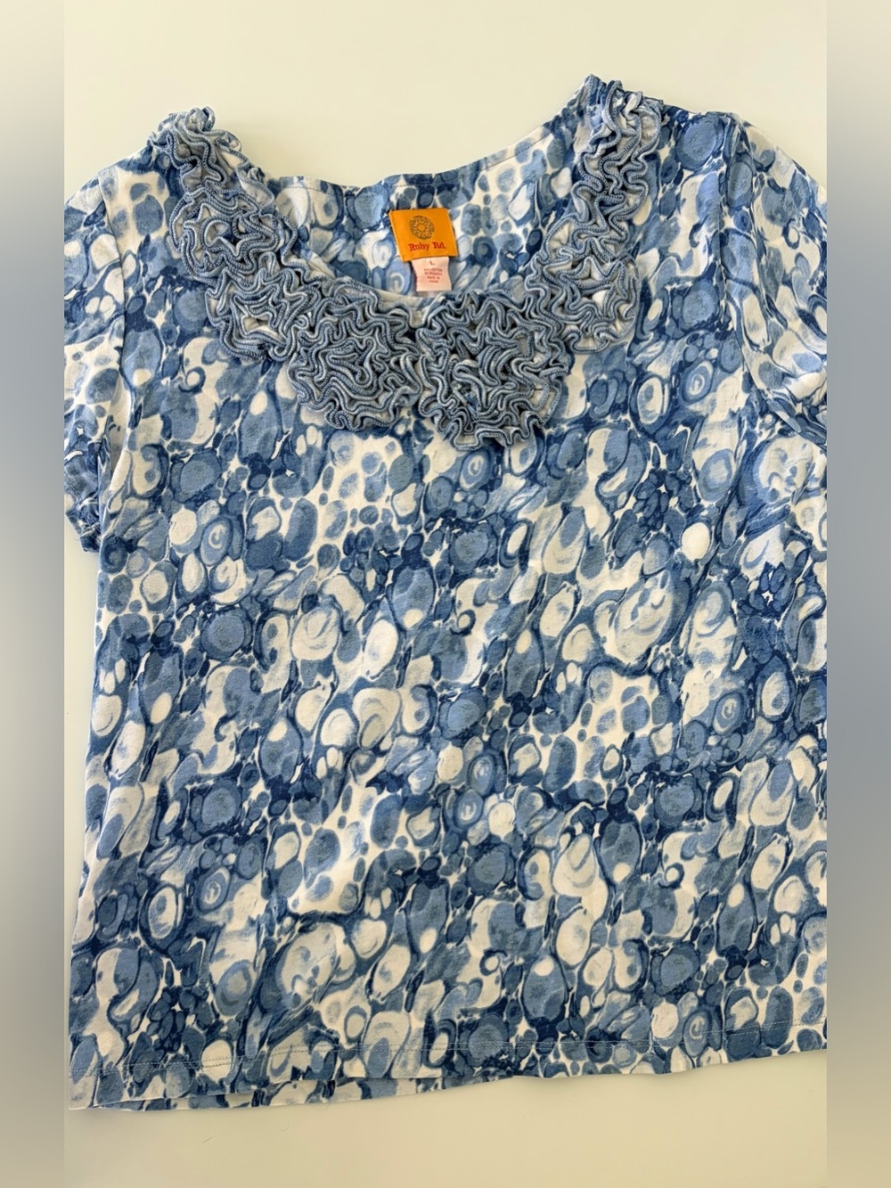 Ruby Rd. Blue & White Ruffle-Neck Short Sleeve Top